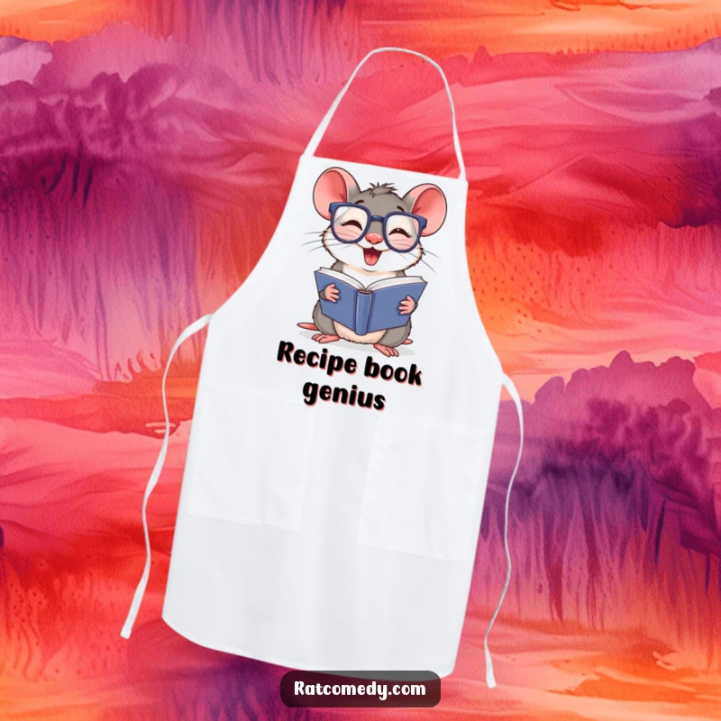 Funny Apron with a giggling rat wearing oversized glasses, reading a thick book. Perfect for cooking or studying.
