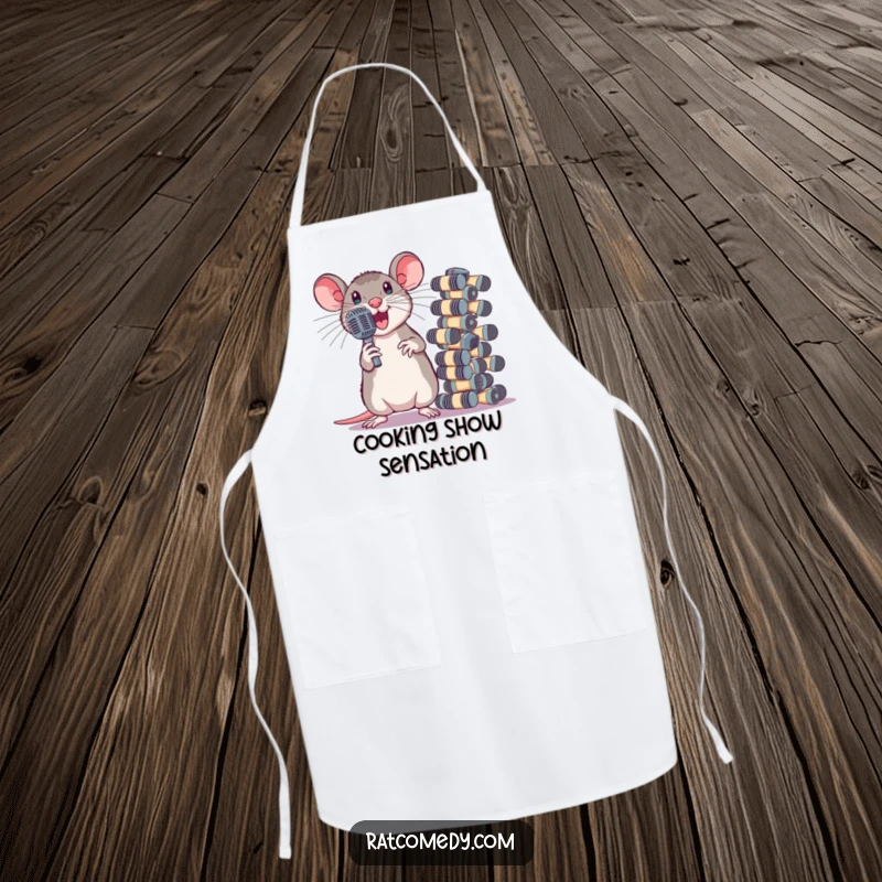 Funny Apron with a dramatic rat posing next to a large stack of tiny microphones. Perfect for cooking or performing.