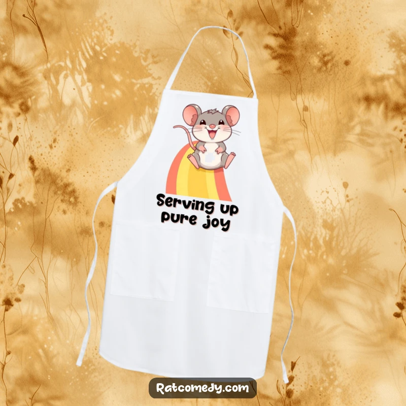 Funny apron: A happy rat slides down a vibrant rainbow, smiling wide, ready to add cheer to any kitchen task.