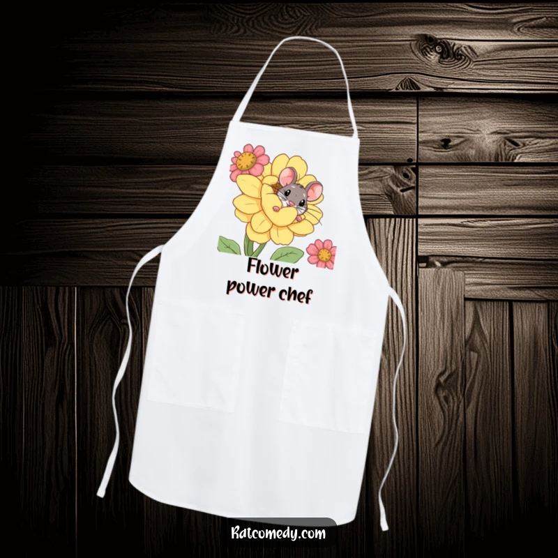Funny apron displaying a curious rat peeking from behind an oversized, comical flower, ideal for kitchen tasks.