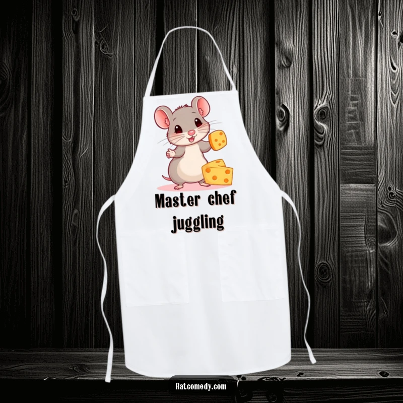 Funny apron featuring a small, energetic rat demonstrating intense concentration while juggling multiple vibrant cheese wheels.