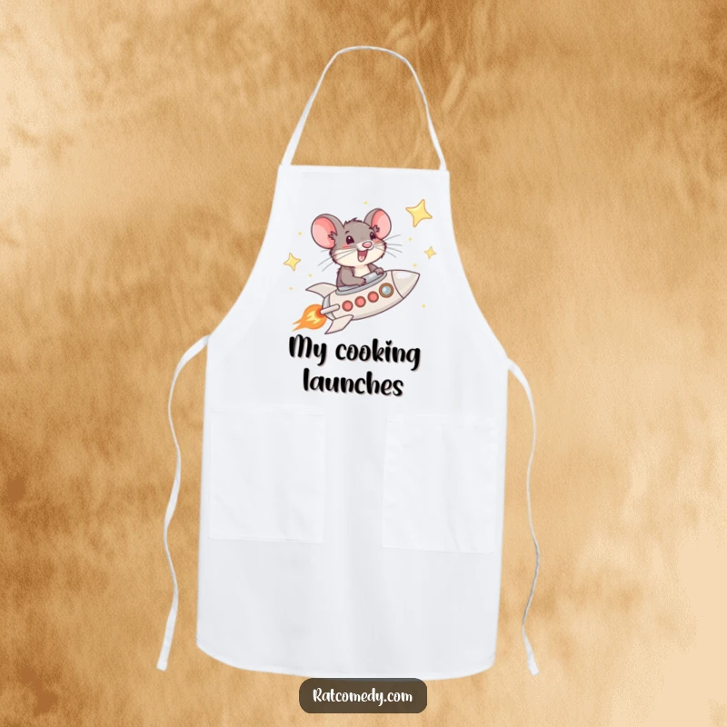 Funny Rat Rocket Apron featuring a whiskered rat piloting a rocket through a starry sky, a humorous and functional kitchen accessory.