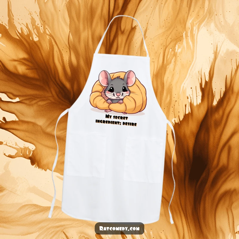 Funny apron: A curious rat peeks from behind a large croissant, adding a humorous and delightful touch to cooking.