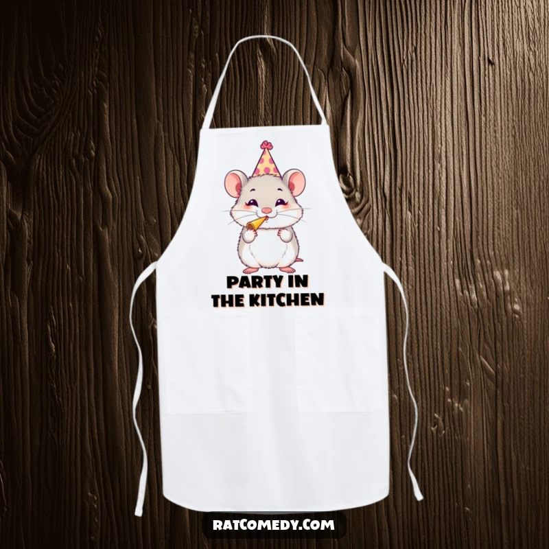 Funny Rat Party Apron featuring a fluffy rat in a party hat blowing a horn, a humorous and functional kitchen accessory.