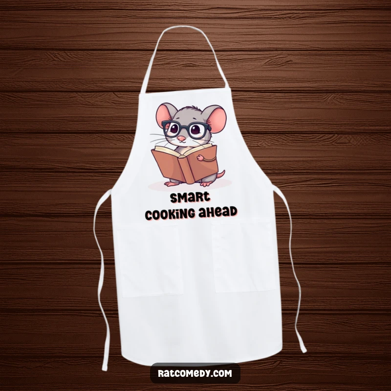 Funny Apron with a small rat wearing spectacles, reading a giant book, ideal for cooking and reading enthusiasts.
