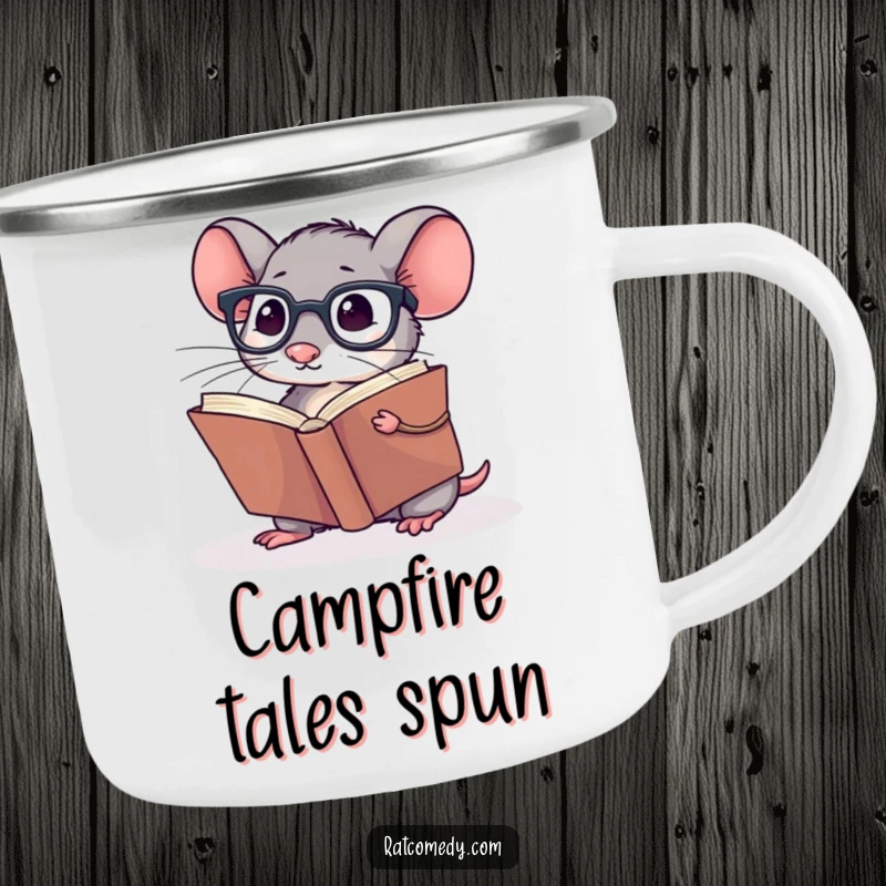 Funny Camping Mug featuring a small rat wearing spectacles, reading a giant book, built for adventurous minds.