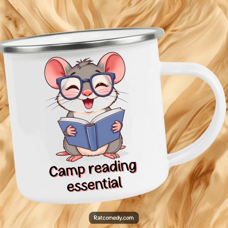 Funny Camping Mug with a giggling rat wearing oversized glasses, reading a thick book. Perfect for outdoor adventures and book lovers.