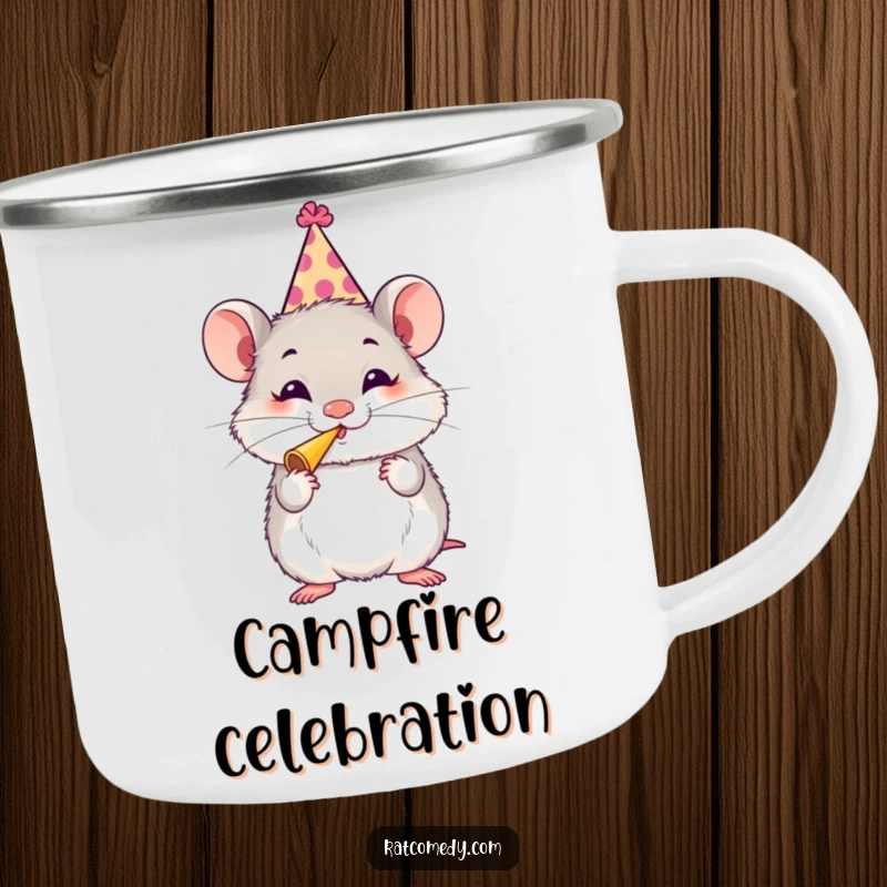 Funny Rat Party Camping Mug featuring a fluffy rat in a party hat blowing a horn, ideal for outdoor use with festive humor.