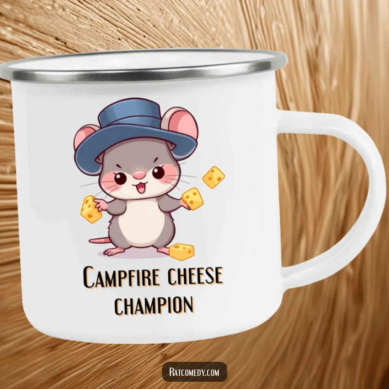 Funny Camping Mug featuring a kawaii rat in a top hat, juggling cheese. Perfect for outdoor adventures and coffee lovers.