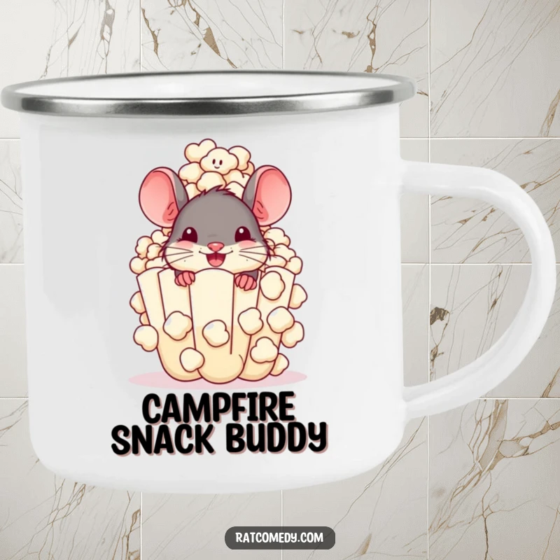 Funny Camping Mug with a cheerful rat peeking from a giant popcorn kernel. Perfect for outdoor adventures and snack enthusiasts.