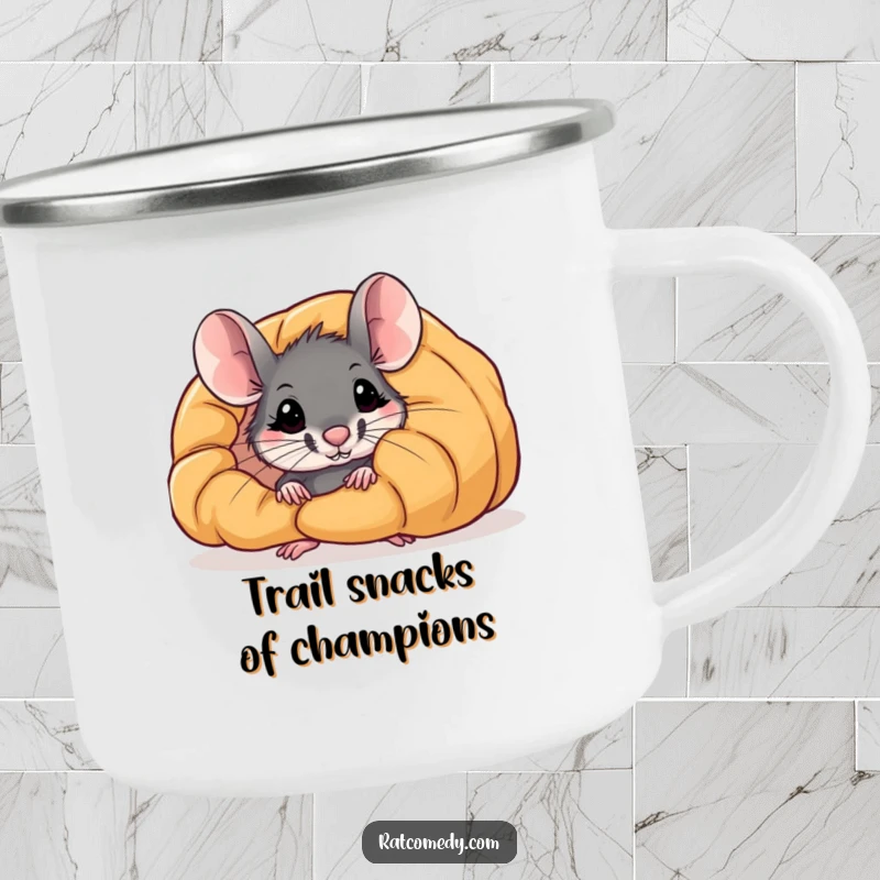 Funny camping mug: A curious rat peeks from behind a large croissant, making every sip a delightful, humorous moment.