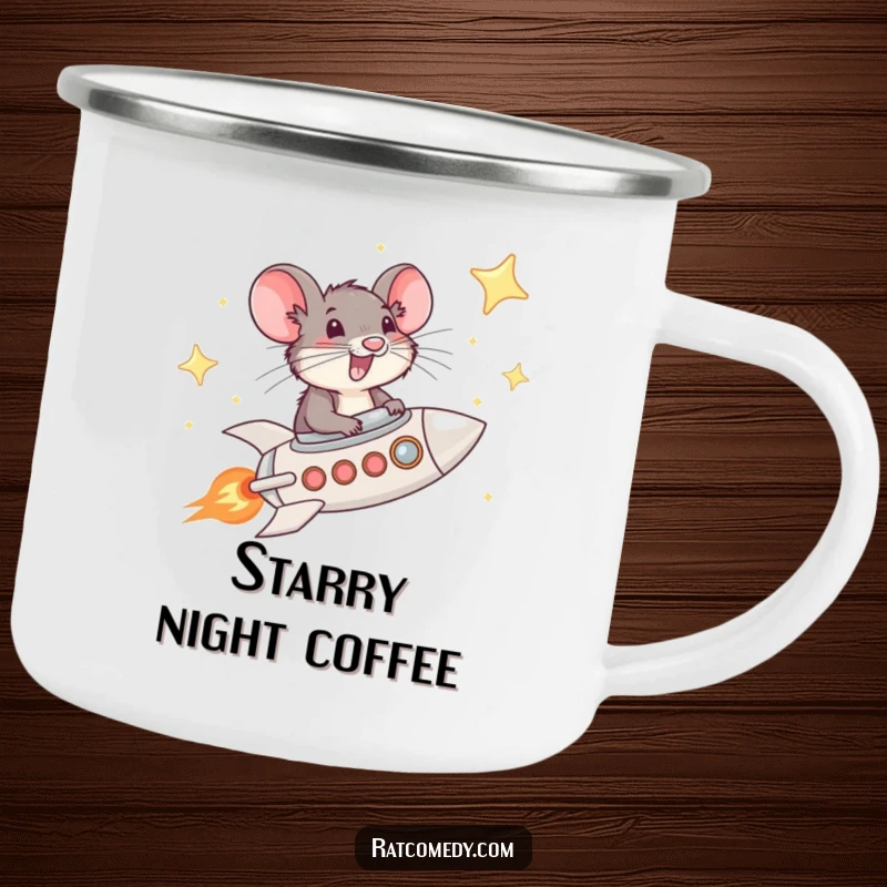 Funny Rat Rocket Camping Mug featuring a whiskered rat piloting a rocket through a starry sky, ideal for outdoor use with cosmic humor.