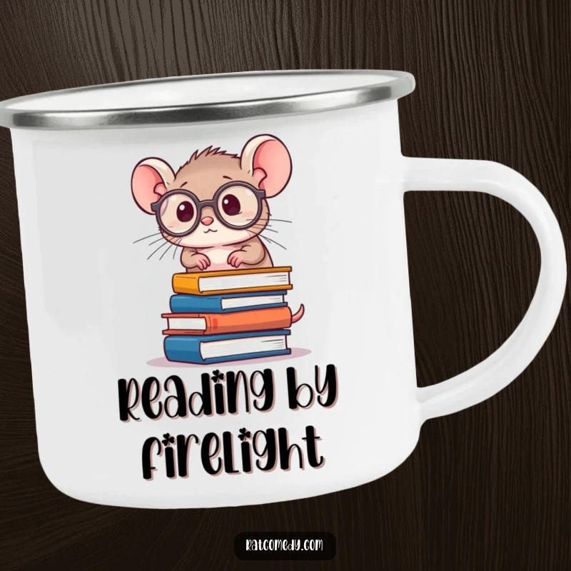 Funny Rat Scholar Camping Mug featuring a tiny rat with spectacles and books, perfect for outdoor use with a humorous, intellectual touch.
