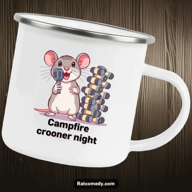 Funny Camping Mug with a dramatic rat posing next to a large stack of tiny microphones. Perfect for outdoor adventures and music lovers.