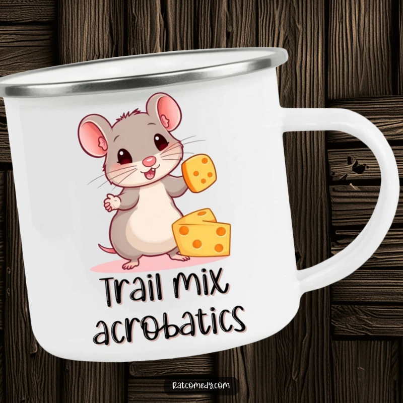 Funny camping mug featuring a small, energetic rat concentrated on juggling colorful cheese wheels, perfect for outdoor enthusiasts.