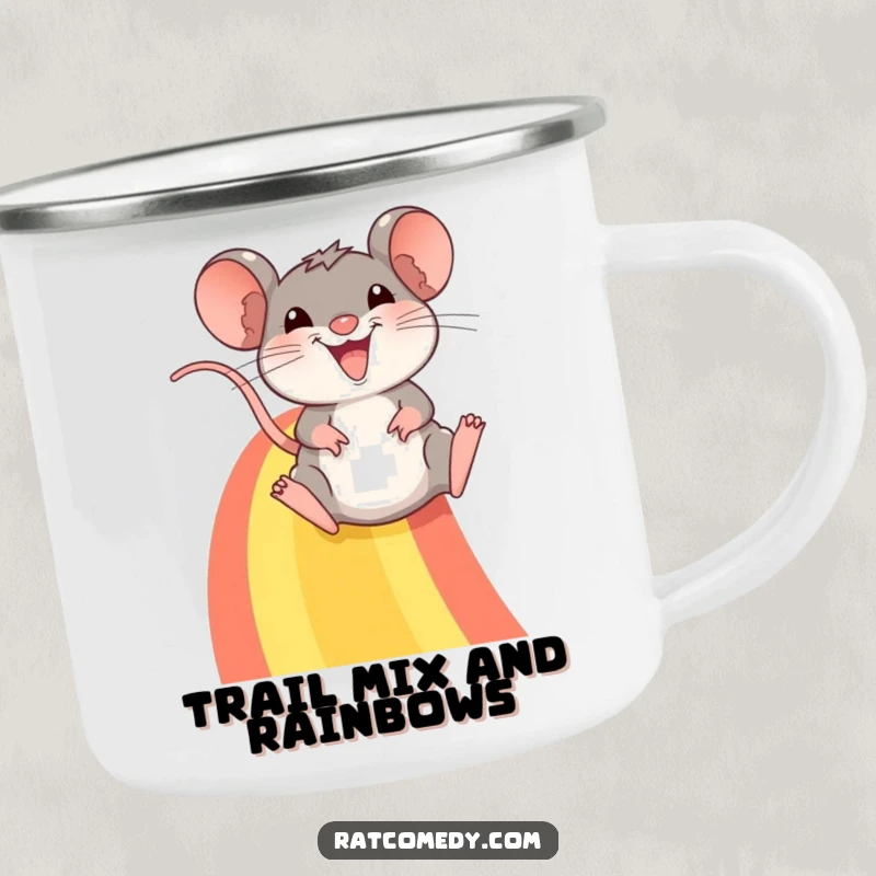 Funny camping mug: A joyful rat with a big smile slides down a bright rainbow, perfect for outdoor merriment.