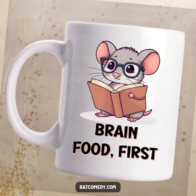 Funny Mug showing a small rat wearing spectacles, intently reading a giant book, evoking intelligence and humor.