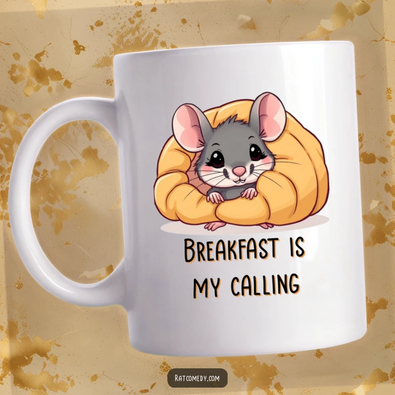 Funny mug: A curious rat peeks its head from behind an enormous, tempting croissant, looking utterly delighted.