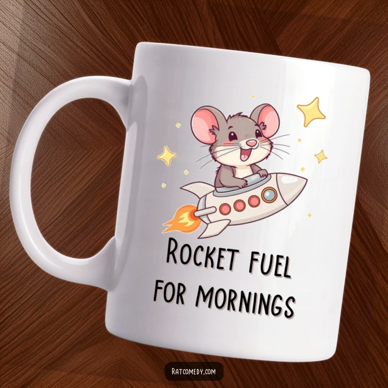 Funny Rat Rocket Mug with a whiskered rat gleefully piloting a mini rocket ship through a starry sky, celebrating adventure and space exploration with humor.