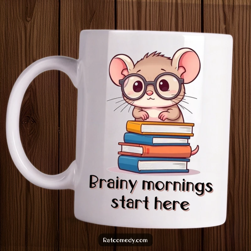 Funny Rat Scholar Mug with a tiny, round rat wearing oversized spectacles, precariously balancing a stack of books, showcasing intellectual humor.