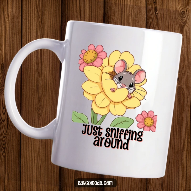 Funny mug featuring a curious rat peeking out from behind a giant, brightly colored, comical flower.