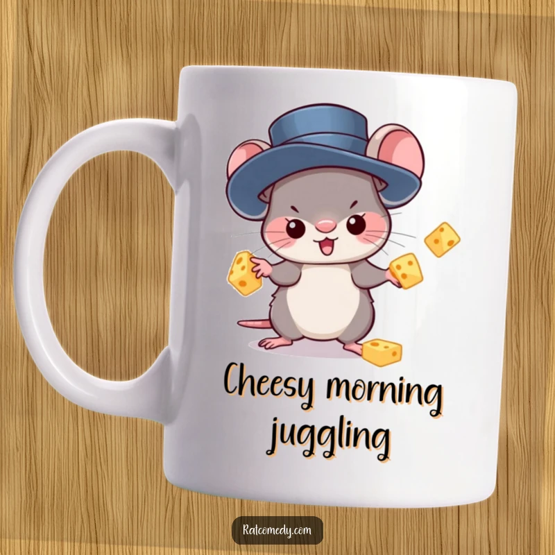 Funny Mug featuring a kawaii rat in a tiny top hat, hilariously juggling three chunks of cheese with a smile. Adorable and cheesy.