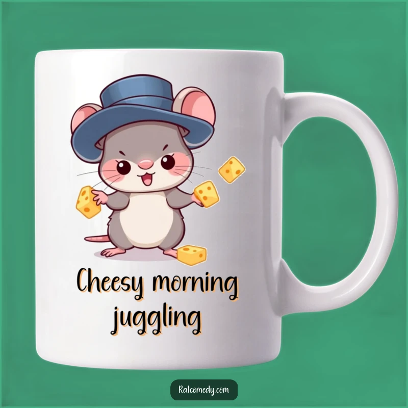 Kawaii Rat Juggling Cheese Mug: A Funny Gift for Cheese Lovers