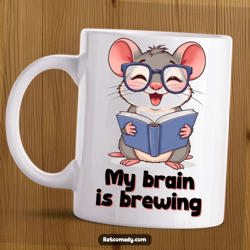 Funny Mug featuring a giggling rat with oversized glasses, deeply engrossed in reading a very thick book. Intellectual humor.