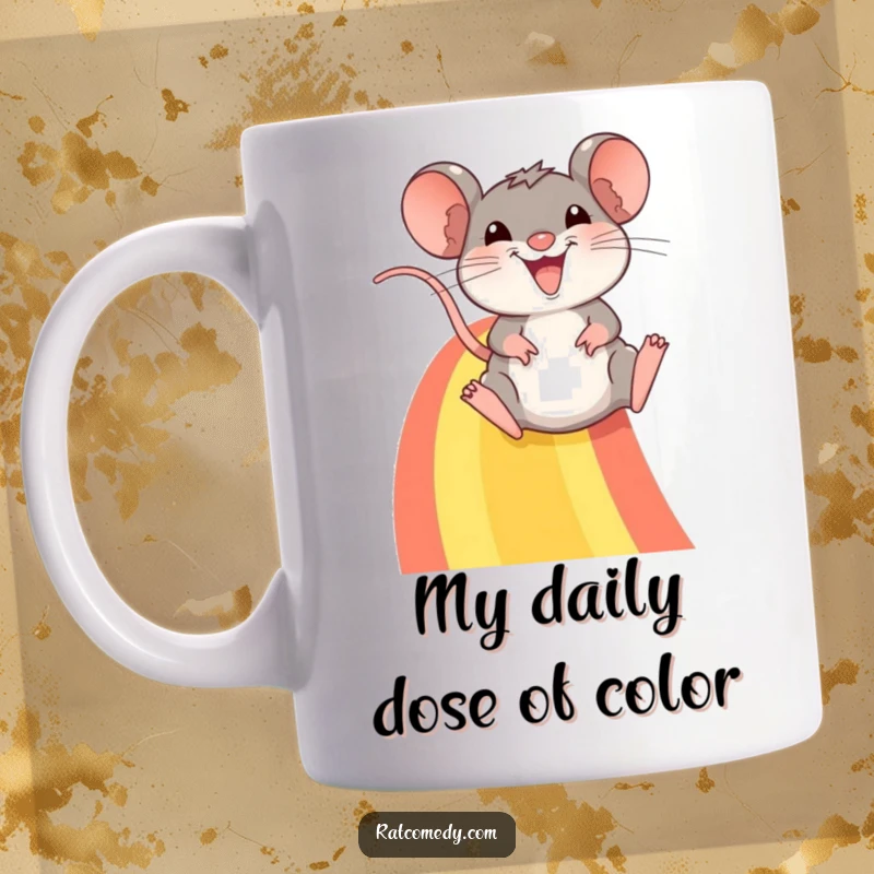 Funny mug: A happy rat joyfully slides down a vibrant rainbow, teeth showing in a wide, infectious smile.
