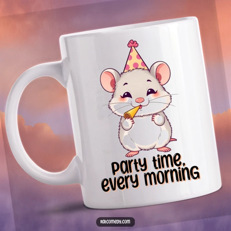 Funny Rat Party Mug with a fluffy rat in a silly party hat, blowing a party horn with glee, celebrating fun and festivities humorously.