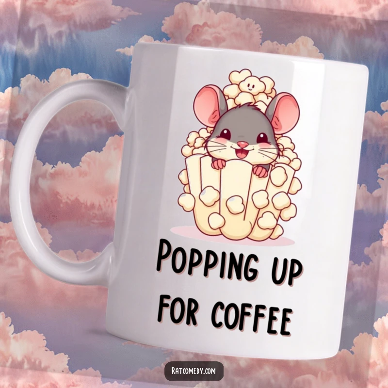 Funny Mug featuring a cheerful rat peeking from behind a giant, overflowing popcorn kernel. Snack-themed humor for movie lovers.