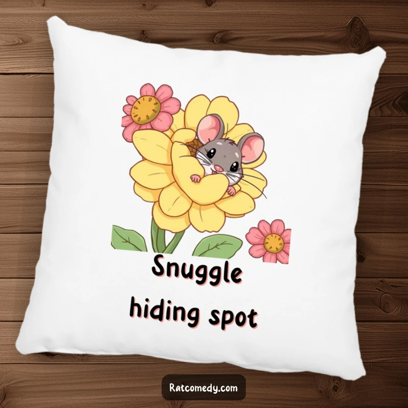 Funny pillow featuring a small rat with an inquisitive expression, peeking from behind a large, comical flower.