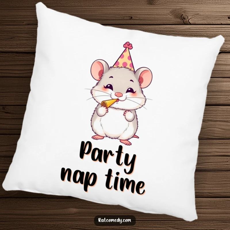 Funny Rat Party Pillow depicting a fluffy rat in a party hat blowing a horn, offering comfort with a humorous festive theme.