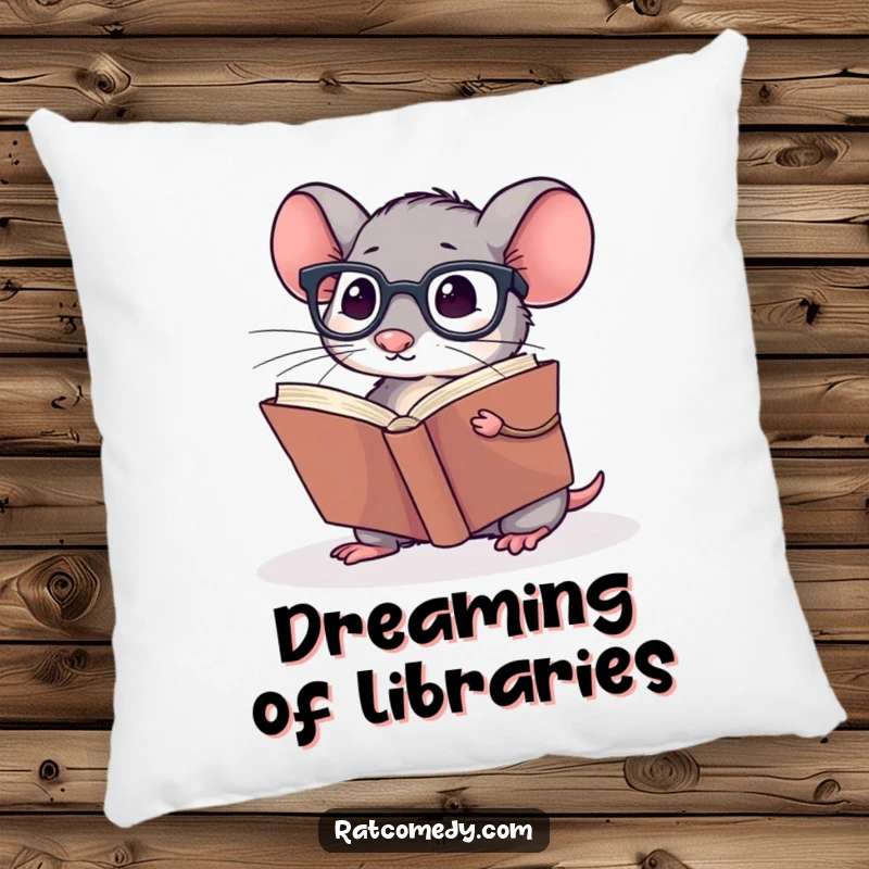 Funny Pillow featuring a small rat wearing spectacles, reading a giant book, perfect for cozy reading nooks.