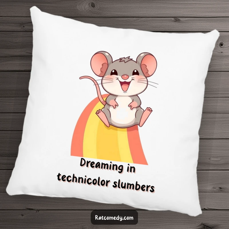 Funny pillow: A cheerful rat with a beaming smile slides down a colorful rainbow, offering soft, humorous comfort.