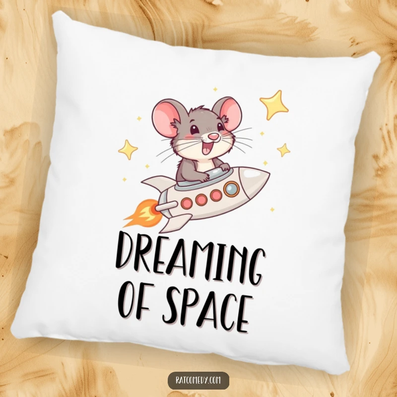 Funny Rat Rocket Pillow depicting a whiskered rat piloting a rocket through a starry sky, offering comfort with a humorous cosmic theme.