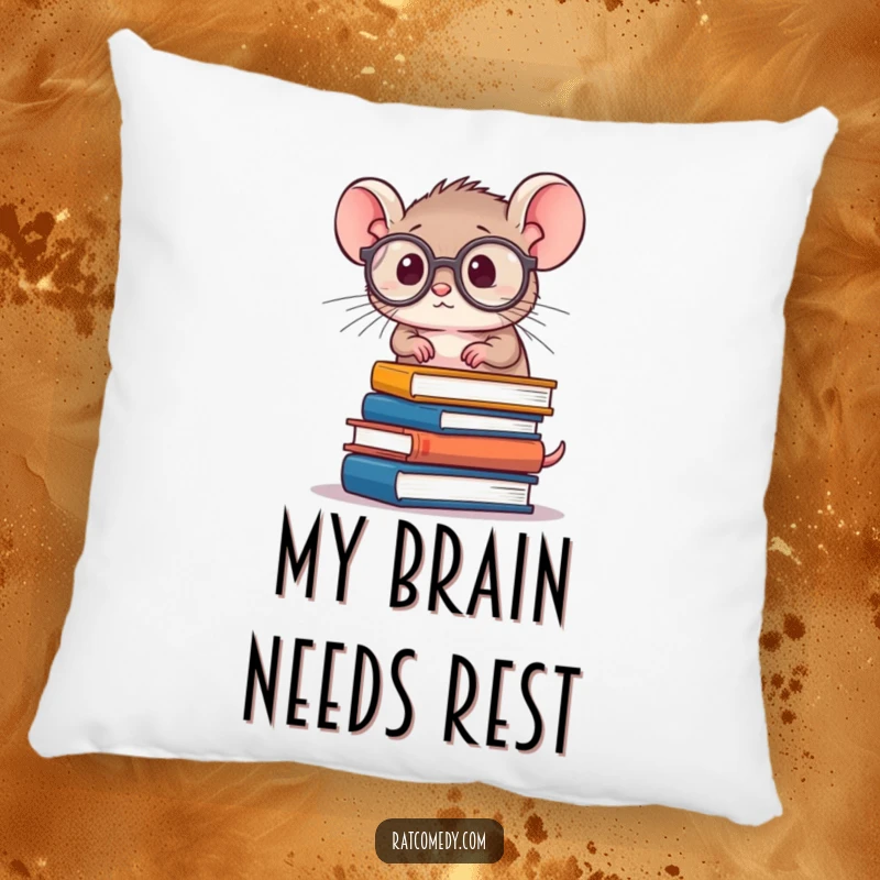Funny Rat Scholar Pillow depicting a tiny rat with spectacles and books, offering a humorous and comfortable accent for reading spaces.
