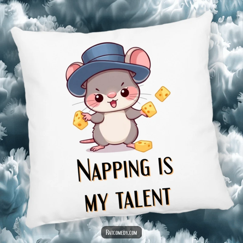 Funny Pillow featuring a kawaii rat in a tiny top hat, juggling cheese. Soft, decorative, and hilariously cute.