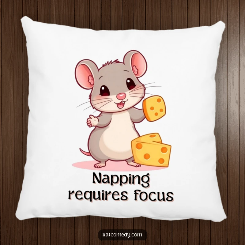 Funny pillow with a small, energetic rat focused on juggling several colorful cheese wheels, adding a whimsical touch.