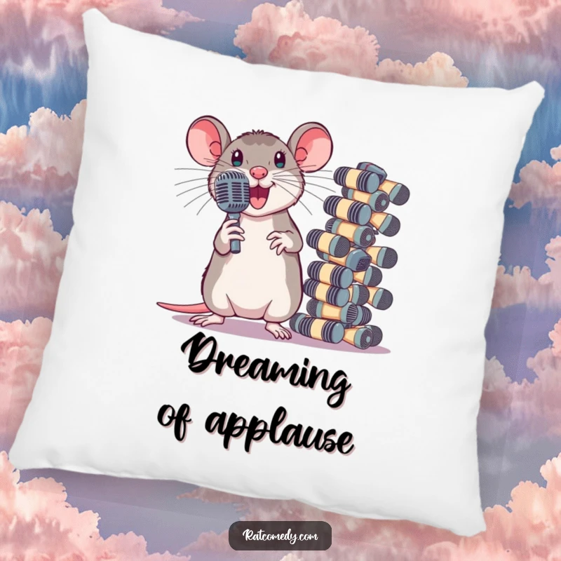 Funny Pillow featuring a dramatic rat posing next to a large stack of tiny microphones. Soft, decorative, and performance-themed.