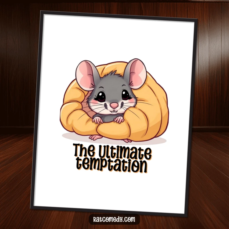 Funny digital art print: A curious rat peeks from behind a huge croissant, offering instant humor and charm.
