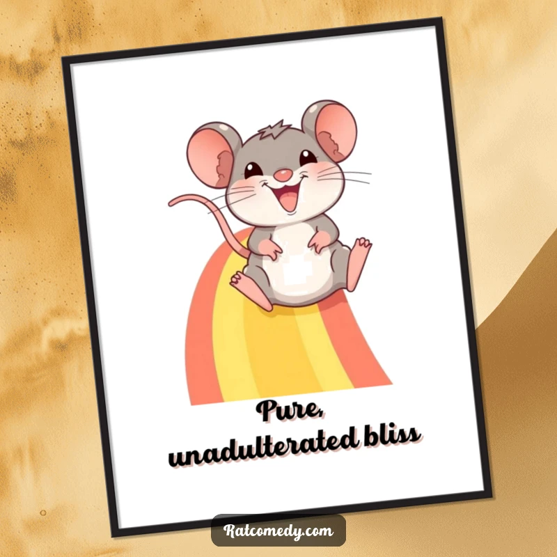 Funny digital art print: A smiling rat zooms down a colorful rainbow, a delightful and humorous image for instant joy.