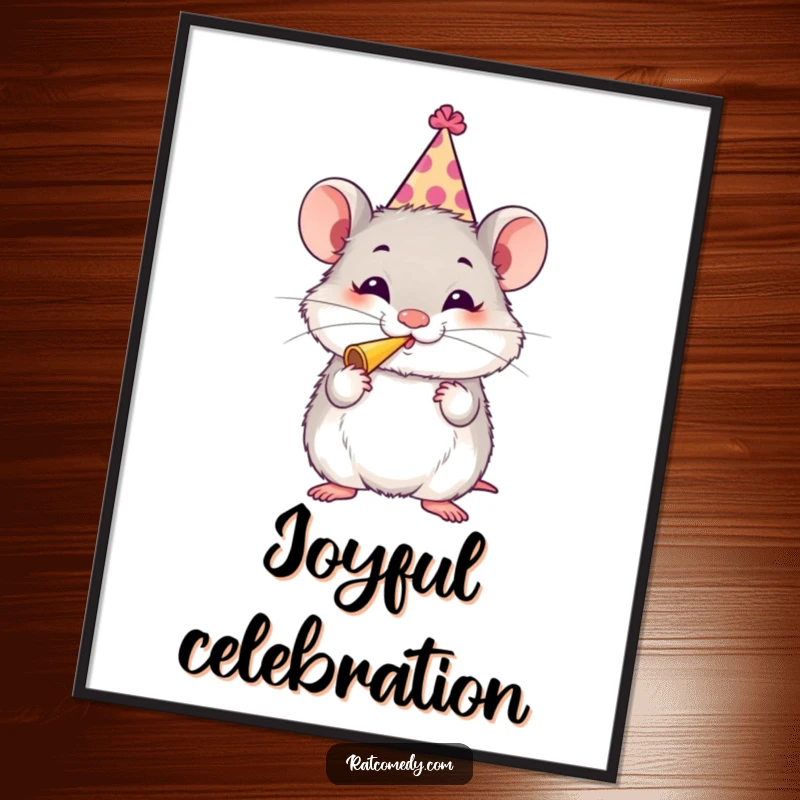 Funny Rat Party Digital Art Print of a rat in a party hat blowing a horn, adding humorous celebratory cheer to wall decor.
