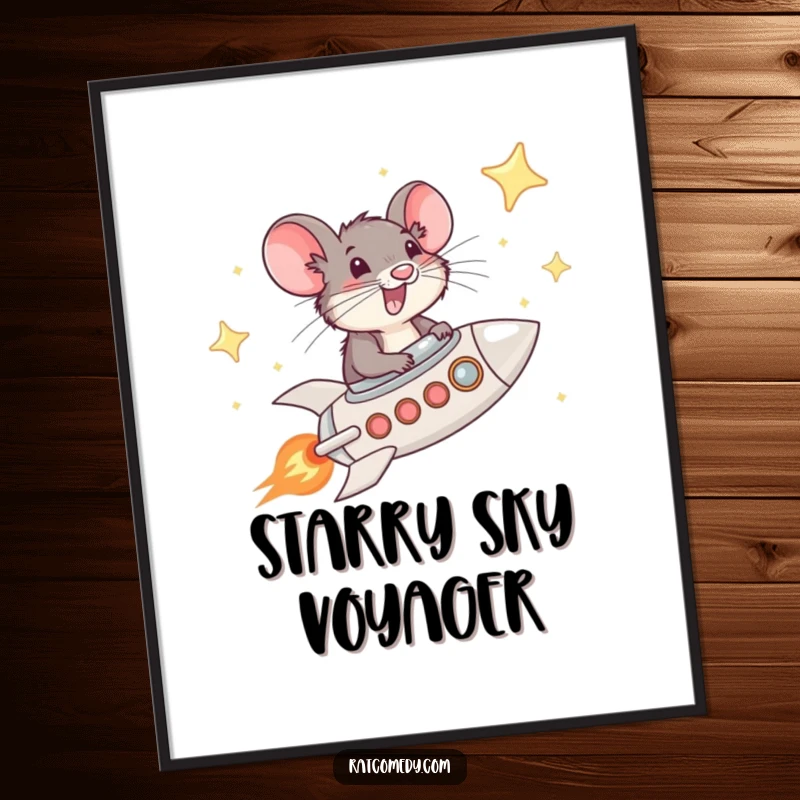 Funny Rat Rocket Digital Art Print of a rat piloting a rocket through a starry sky, adding humorous cosmic adventure to wall decor.