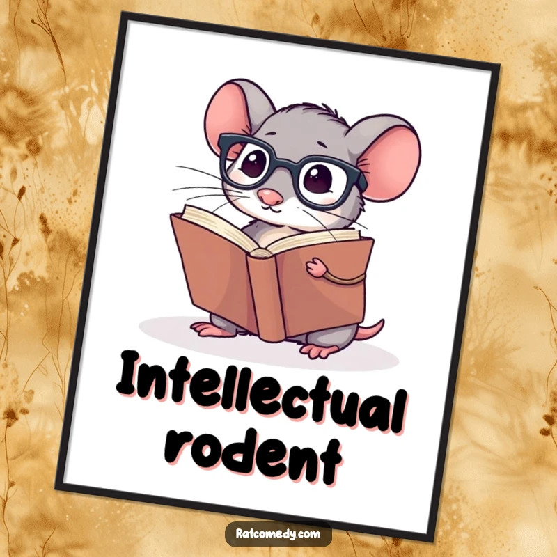 Funny Digital Art Print of a small rat wearing spectacles, reading a giant book, for screens.