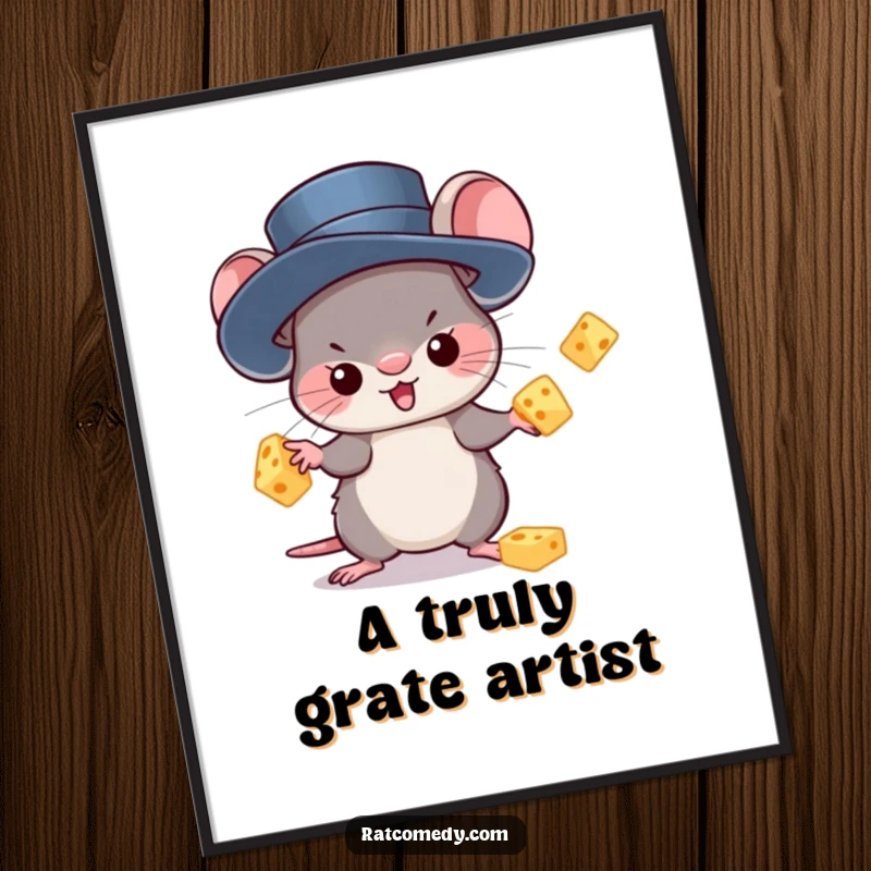 Funny Digital Art Print of a kawaii rat in a top hat, juggling cheese. Instantly downloadable and perfect for quirky home decor.