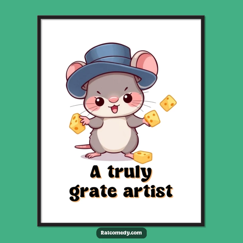 Kawaii Rat Juggling Cheese Digital Art: Funny Wall Decor for a Smile
