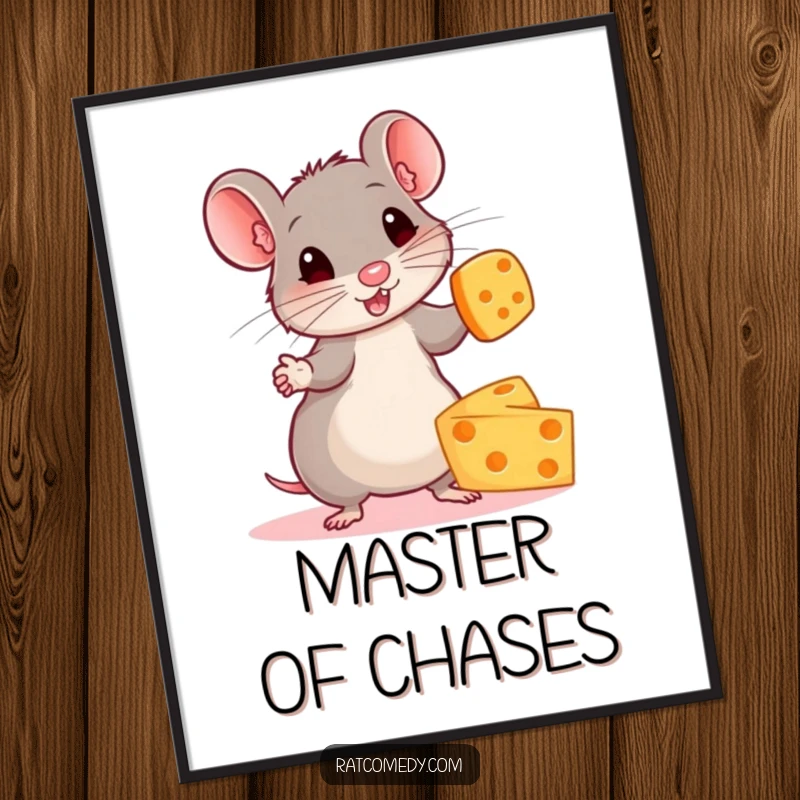 Funny digital art print of a small, energetic rat with intense focus, juggling multiple vibrant cheese wheels.
