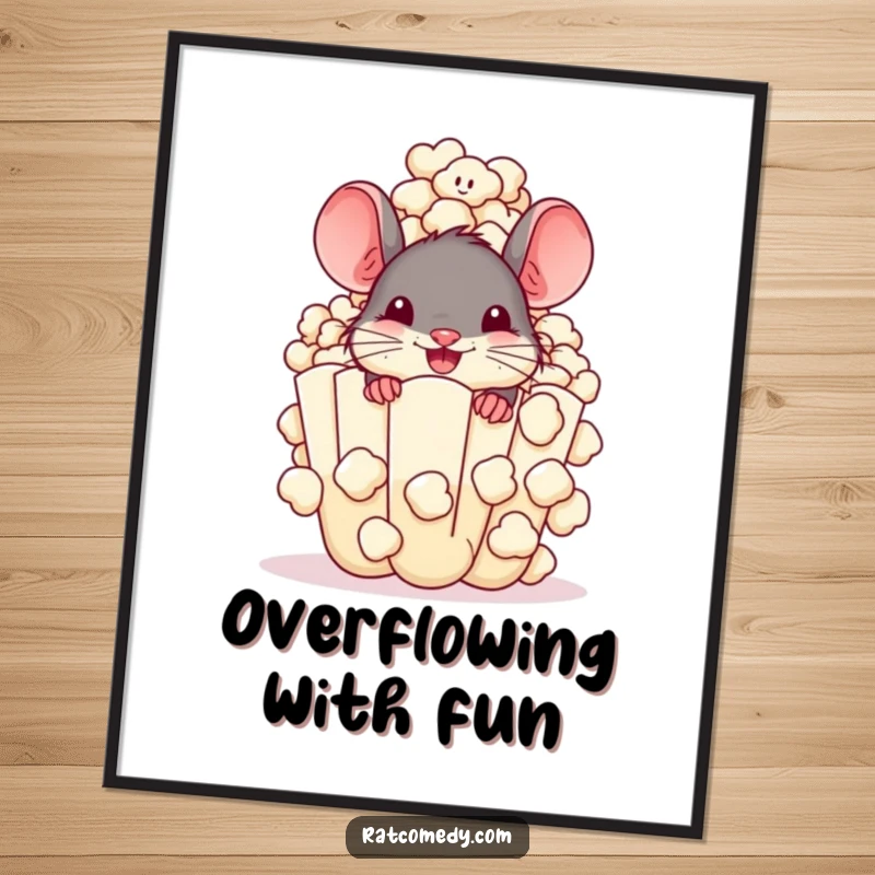Funny Digital Art Print of a cheerful rat peeking from a giant popcorn kernel. Instantly downloadable and perfect for quirky decor.
