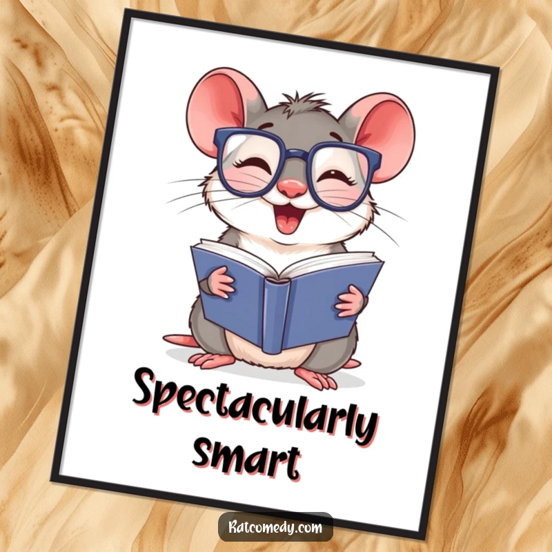 Funny Digital Art Print of a giggling rat with oversized glasses, reading a thick book. Instantly downloadable and perfect for smart decor.